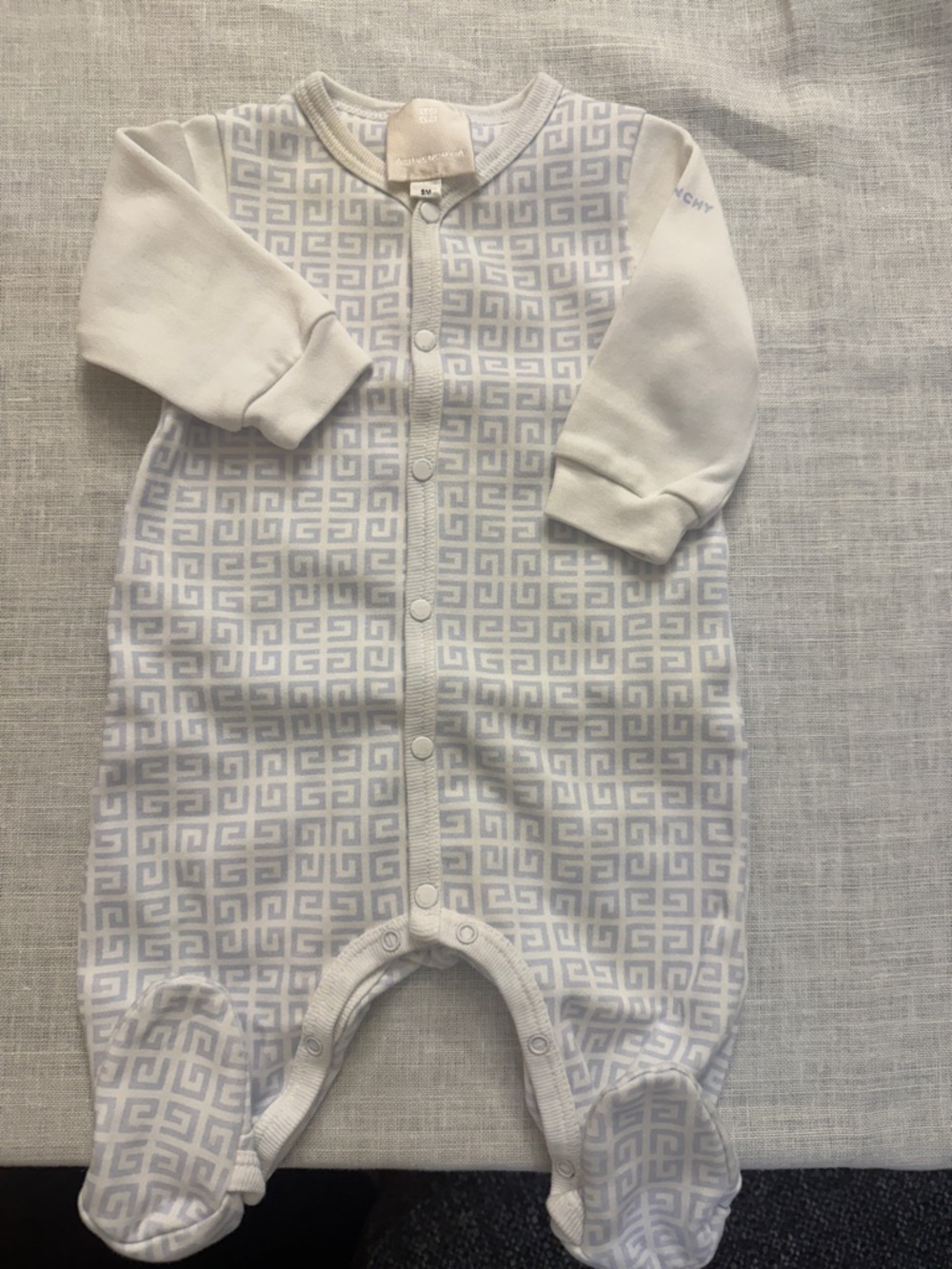 Givenchy Baby One-Piece Footie in White and Light Blue Greek Key